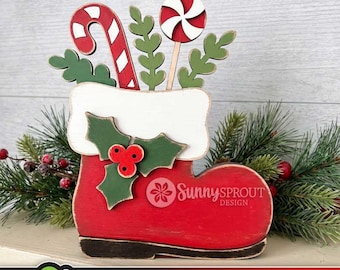 Santa Boot and Treats Shelf Sitter, SVG Laser Cut File, Christmas Holiday Mantle Decor, Christmas SVG