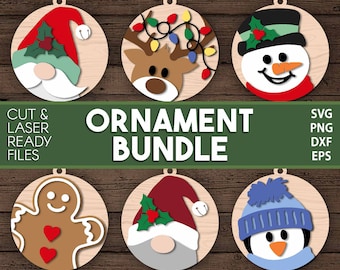Christmas Ornament Bundle, Digital download,  Glowforge laser file, Cricut cut file, Silhouette, Holiday baubles svg, Santa, Snowman png