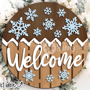 Panneau de flocons de neige de clôture de bienvenue, téléchargement numérique, svg d'accroche-porte rond, fichier laser Glowforge, Cricut, décoration de Noël, panneau de bienvenue d'hiver