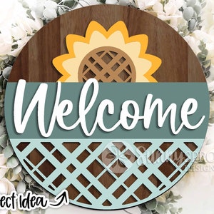 Plaid de bienvenue tournesol, téléchargement numérique, accroche-porte rond svg, fichier laser Glowforge, fichier de coupe Cricut, Silhouette, signe svg d'été automne