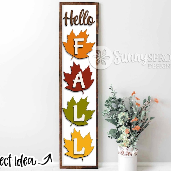 Hello Fall Leaves Vertical Sign, DIGITAL download, Porch sign svg, Glowforge laser file, Cricut cut file, Silhouette, Autumn welcome sign