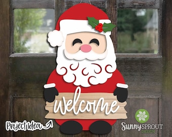 Weihnachtsmann mit Willkommensschild, Digitaler Download, SVG-Laserschnittdatei, Cricut, Türhänger-Design, Weihnachtsdeko