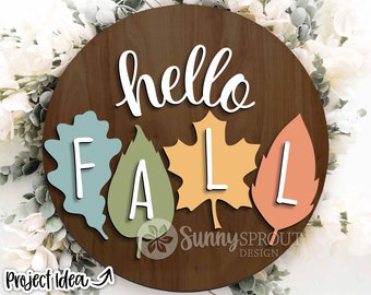 Hello Fall Leaves サイン、デジタルダウンロード、丸型ドアハンガー SVG、Glowforge レーザーファイル、Cricut、秋のウェルカムサイン SVG、メープルリーフパターン
