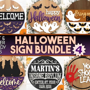 Halloween-laserbordbundel 4, ronde deurhanger, Glowforge-laserbestand, Cricut-bestand, welkomstbord herfst, Spooky svg