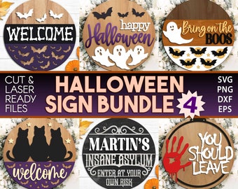 May include: A set of four Halloween-themed wooden signs with various designs. The signs feature text such as "Welcome", "Happy Halloween", "Bring on the Boos", "Martin's Insane Asylum", and "You Should Leave".