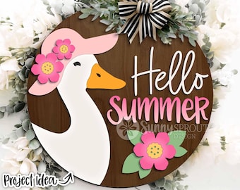 Hello Summer Goose Hat Flowers Sign, Digital Download, SVG Laser Cut File, Cricut, Round Door Hanger Design