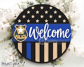Police Badge American Flag Welcome Sign, Digital Download, Cricut, SVG Laser Cut File, Round Door Hanger Design