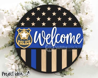 Police Badge American Flag Welcome Sign, Digital Download, Cricut, SVG Laser Cut File, Round Door Hanger Design