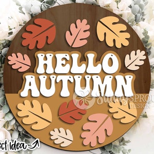 Hallo herfst retro blad teken, digitale download, ronde deurhanger svg, Glowforge laserbestand, Cricut gesneden bestand, val welkomstbord svg