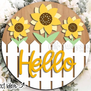 Bonjour clôture tournesols signe, accroche-porte rond svg, fichier découpé au laser Glowforge, Cricut, printemps, panneau de bienvenue floral d'été, palissade