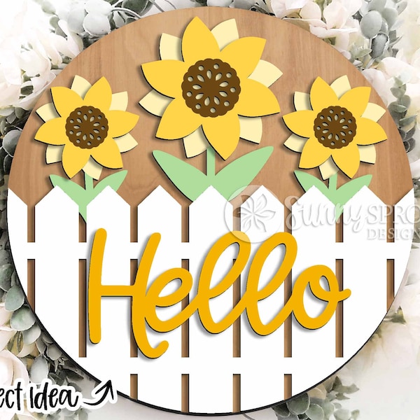 Hello Fence Sunflowers Sign, Round door hanger svg, Glowforge laser cut file, Cricut, Spring, Summer floral welcome sign, Picket fence