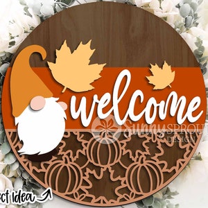 Letrero de gnomo con patrón de hojas de otoño, descarga digital, colgador de puerta redondo SVG, letrero de otoño, archivo láser Glowforge, Cricut, hojas de calabaza SVG
