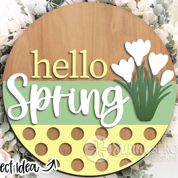 Hello Spring Crocus Sign, DIGITAL download, Round door hanger svg, Glowforge laser cut file, Cricut, Silhouette, Polka dot flower welcome