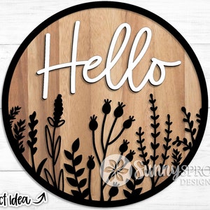 Bonjour fleurs sauvages rondes, téléchargement numérique, accroche-porte rond svg, fichier laser Glowforge, fichier de coupe Cricut, panneau de bienvenue floral, décoration d'été