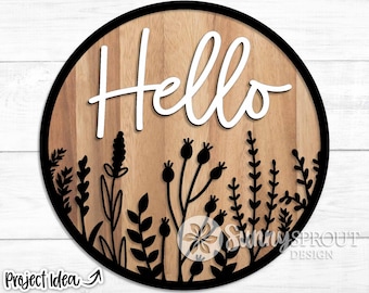 Hallo Wildblumen, runder, digitaler Download, SVG Laser Cut-Datei, Cricut, Türhänger mit Blumenmuster