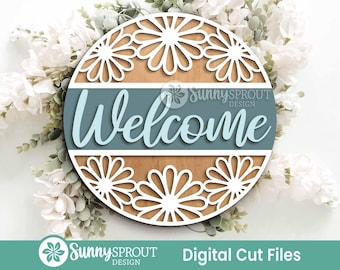 Letrero de bienvenida con estampado de margaritas, descarga digital, archivo SVG para corte láser, Cricut, diseño redondo para colgar en la puerta, decoración de primavera y verano.