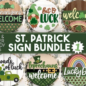 St. Patrick Laser Sign Bundle 1, Digital download, Round door hanger, Glowforge laser file, Cricut cut, Silhouette, Shamrock welcome sign