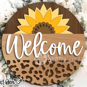 Placa de boas-vindas com estampa de leopardo e girassol, Download digital, Suporte de porta redondo svg, Arquivo laser Glowforge, Cricut, Placa de primavera, verão e outono, Estampa animal