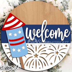 Signe de pétard de bienvenue, svg d'accroche-porte rond, fichier laser Glowforge, Cricut, svg de bienvenue patriotique, décor du 4 juillet, jour de l'indépendance