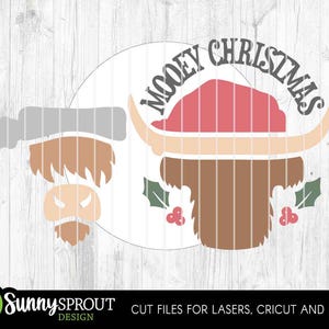 Mooey Christmas Highland Cow Sign, Digital Download, SVG Laser Cut File, Cricut, Round Door Hanger Design, Farmhouse Decor image 3