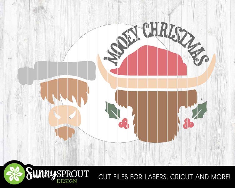 Mooey Christmas Highland Cow Sign, Digital Download, SVG Laser Cut File, Cricut, Round Door Hanger Design, Farmhouse Decor image 3