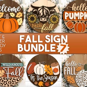 May include: A bundle of seven fall-themed wooden signs. Each sign is round with various designs, including pumpkins, leaves, and the phrases "welcome," "hello fall," and "hello pumpkin." The signs are laser-cut and ready for use.