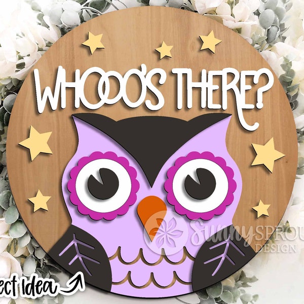 Whooo's There Owl Sign, Digital download, Round door hanger svg, Glowforge laser file, Cricut, Spooky welcome sign svg, Halloween decor