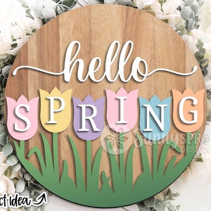Bonjour printemps tulipes signe, accroche-porte rond svg, panneau de bienvenue du printemps, fichier découpé au laser Glowforge, fichier svg Cricut, svg de décoration de fleurs de printemps