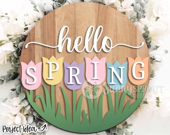 Hello Spring Tulips Sign, Round door hanger svg, Spring welcome sign, Glowforge laser cut file, Cricut, Silhouette, Spring flower decor file
