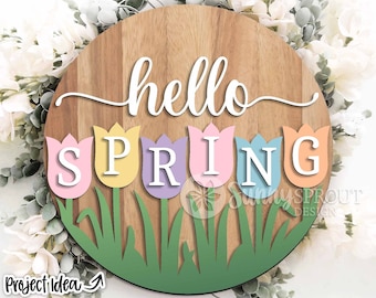 Hello Spring Tulips Sign, Round door hanger svg, Spring welcome sign, Glowforge laser cut file, Cricut svg file, Spring flower decor svg