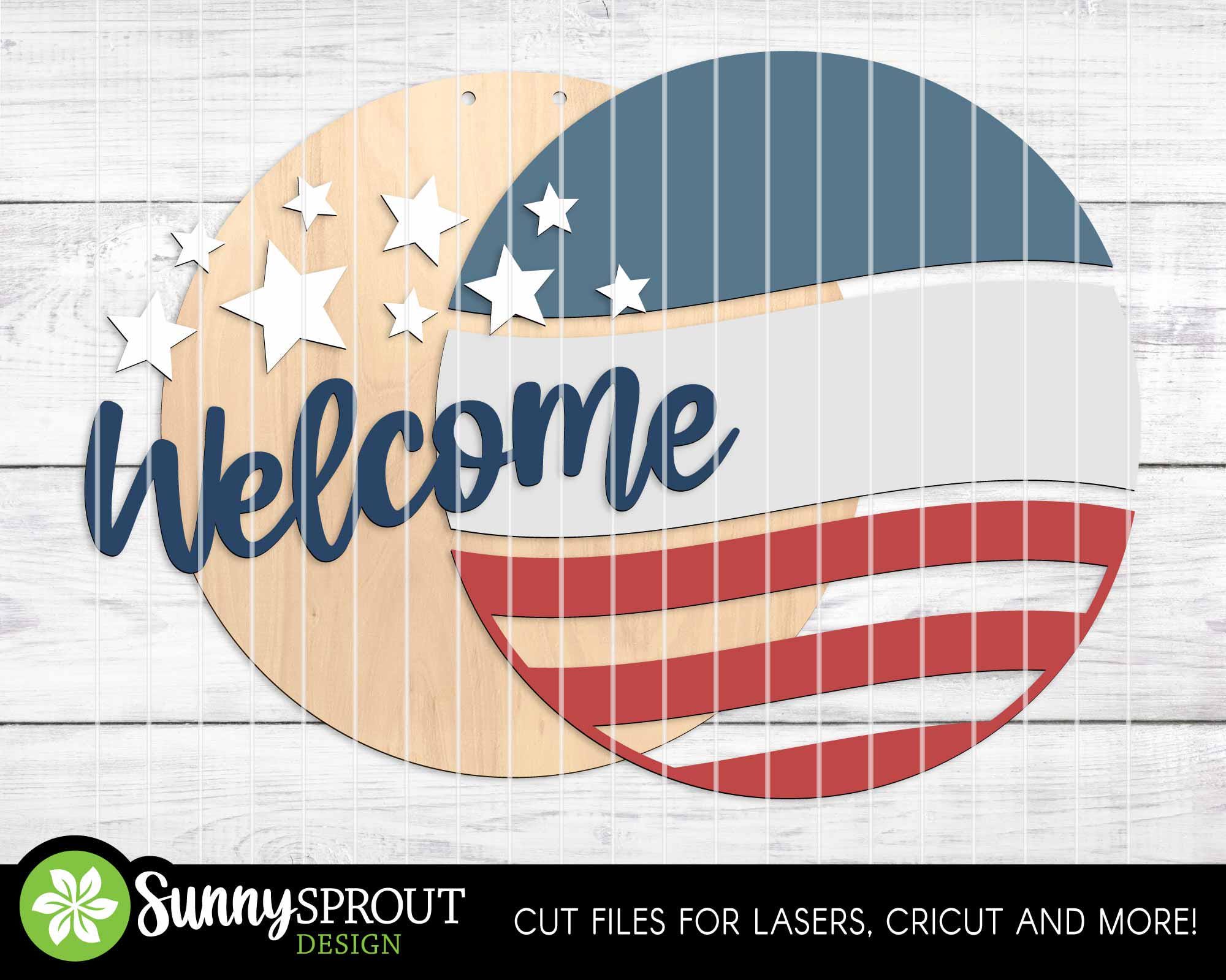 Welcome American Flag Star Sign, SVG Laser Cut File, Cricut, Round