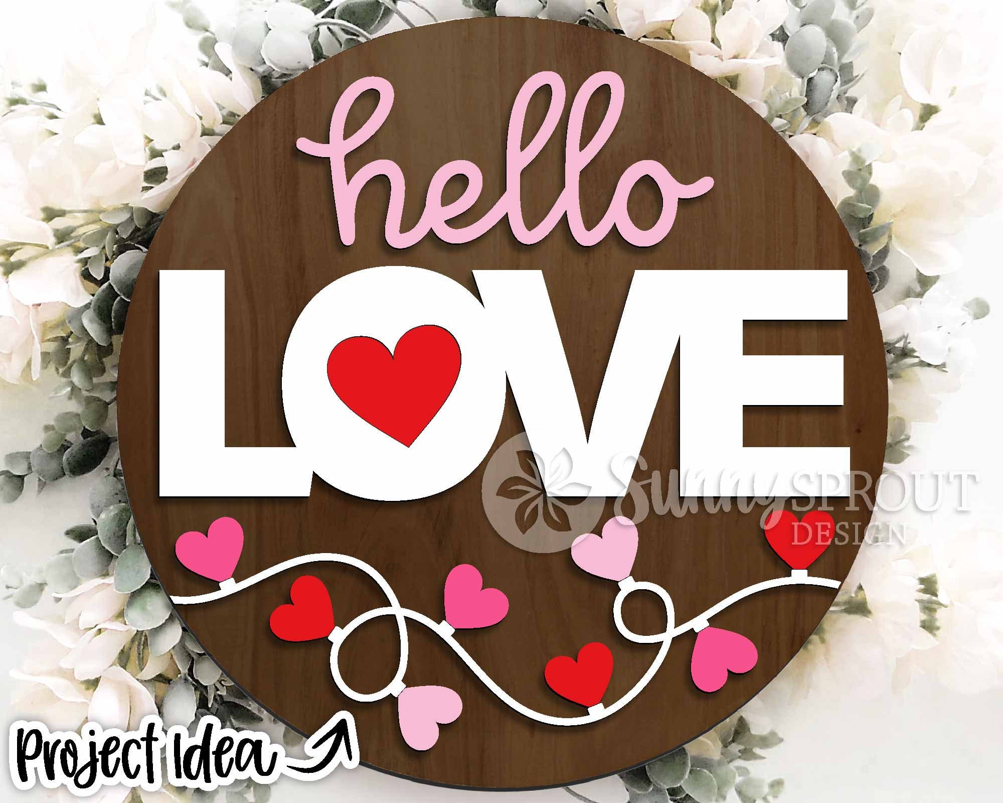 Hello Love Heart String Light, Digital Download, Round Door Hanger Svg,  Glowforge Laser File, Cricut, Valentine's Day Welcome Sign 