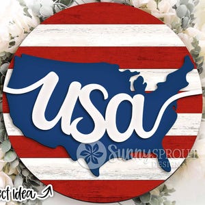 USA Amerikanische Flagge Streifen und Karte Zeichen, runder Tür Aufhänger svg, Glowforge Laser-Datei, Cricut, Vaterländischer Willkommensschmuck, 4. Juli Dekor
