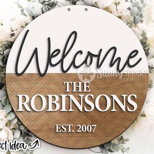 Welkomstbord met visgraatpatroon, digitale download, ronde deurhanger svg, Glowforge laserbestand, familienaambord, deurhanger personaliseren