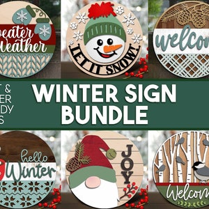 Winter Laser Sign Bundle, Digital download, Round door hanger, Glowforge laser file, Cricut cut file, Silhouette, Holiday welcome sign svg