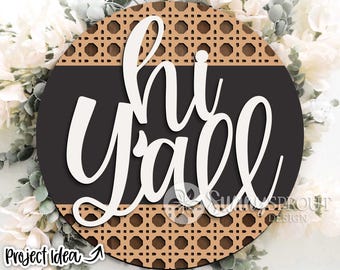 Hola a todos, letrero de ratán, descarga digital, archivo SVG para corte láser, Cricut, diseño moderno de colgador de puerta redondo de estilo granja.