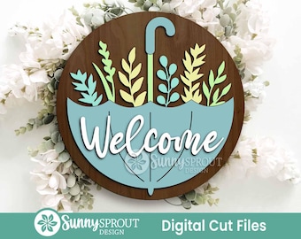 Welcome Upside Down Umbrella Sign, Digital download, SVG Laser cut file, Cricut, Round door hanger design, Spring Easter decor