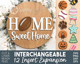 Home Sweet Home Interchangeable Graphics Sign, Digital Download, SVG Laser Cut File, Cricut, Seasonal Round Door Hanger Design