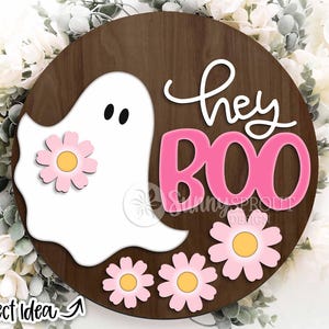 Hey Boo Ghost Flower Sign, Digital download, Round door hanger SVG, Glowforge laser cut file, Cricut, Cute Halloween SVG, Spooky decor SVG