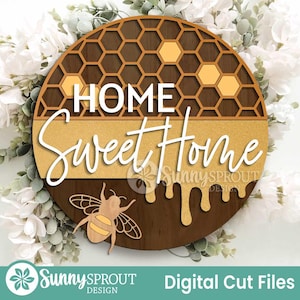 Home Sweet Home Honey Bee Sign, Digital Download, SVG Laser Cut File, Cricut, Summer Round Door Hanger Design