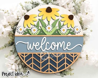 Welcome Geometric Floral Sign, Digital Download, SVG Laser Cut File, Cricut, Spring Summer Fall Round Door Hanger Design