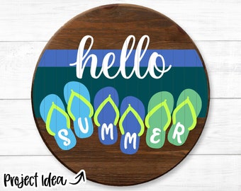 Hello Summer Flip Flops Sign, Digital Download, Cricut SVG Cut File, Beach Round Door Hanger Design