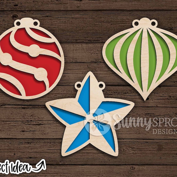 Ornament and star garland, Digital download, Glowforge svg laser file, Cricut cut file, Silhouette, Christmas ornaments for tree, Holiday