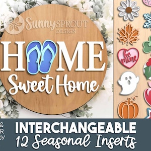 Enseigne graphique interchangeable Home Sweet Home, téléchargement numérique, accroche-porte rond svg, fichier laser Glowforge, Cricut, enseigne de porte saisonnière