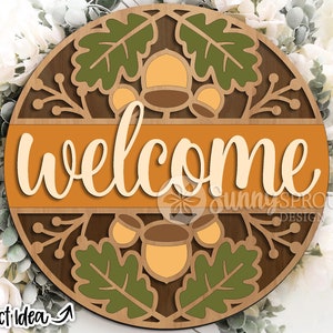 Welcome Fall Leaf Acorn Sign, Digital download, Round door hanger svg, Glowforge laser file, Cricut, Autumn decor svg, Fall welcome sign