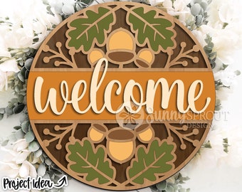 Welcome Fall Leaf Acorn Sign, Digital Download, SVG Laser Cut File, Cricut, Round Fall Door Hanger Design