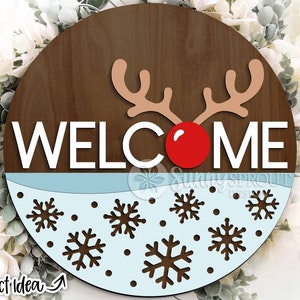 Welkom Rudolph Nose & Antlers Sign, digitale download, ronde deurhanger svg, Glowforge laserbestand, Cricut, kerstvakantie decor svg