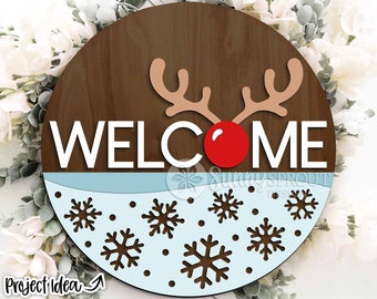 Welcome Rudolph Nose & Antlers Sign, Digital Download, SVG Laser Cut File, Cricut, Round Door Hanger Design, Christmas Decor