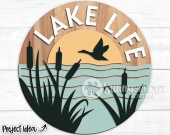 Lake Life Cattails-teken, digitale download, SVG-lasergesneden bestand, Cricut, ontwerp ronde deurhanger, interieur Lake House-hut