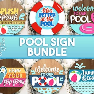 Paquete de letreros láser para piscina, descarga digital, colgador de puerta redondo SVG, archivo láser Glowforge, Cricut, letrero de bienvenida SVG, colgador de puerta de verano SVG